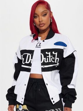 Von Dutch Black & White Varsity Logo Snap Front Bomber Jacket Coat NEW L